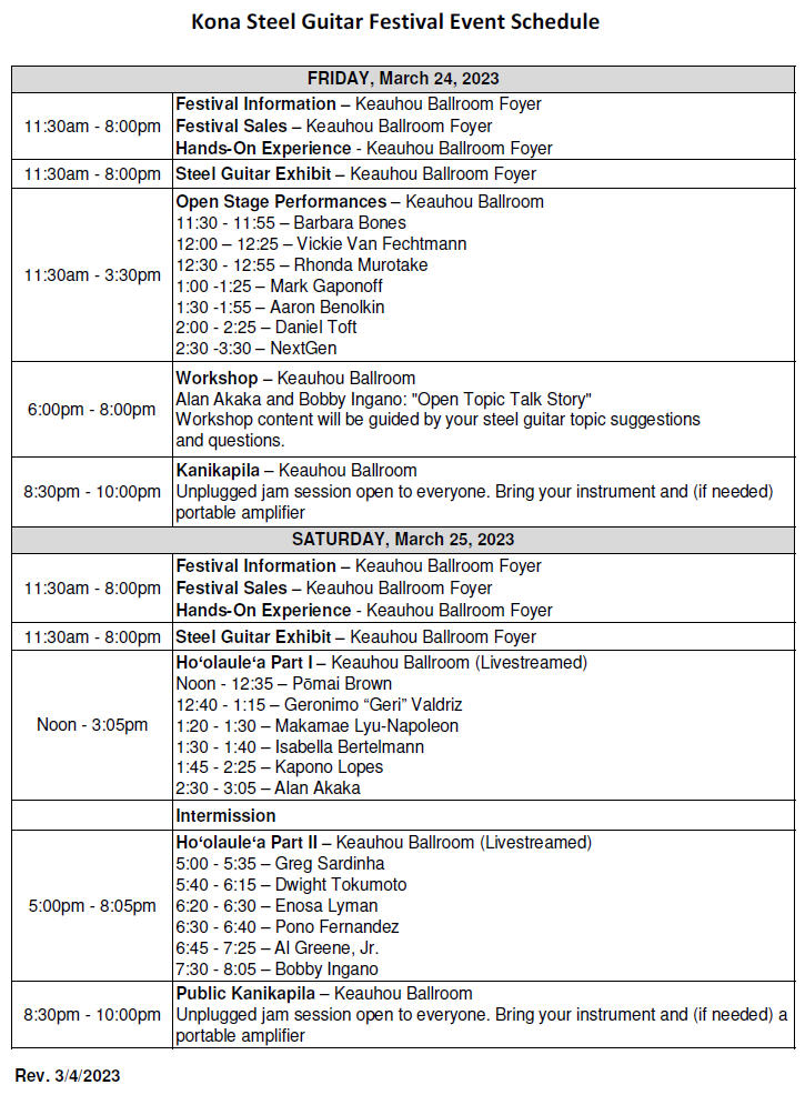 2023 Kona Steel Guitar Festival Event Schedule